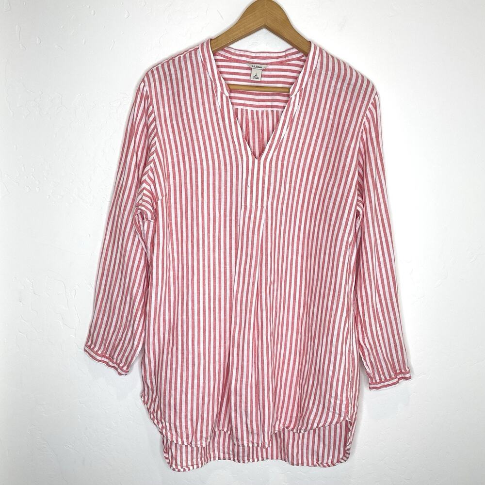 LL Bean Linen Red Striped Coastal Tunic Blouse Womens Large Regular Long Sleeve